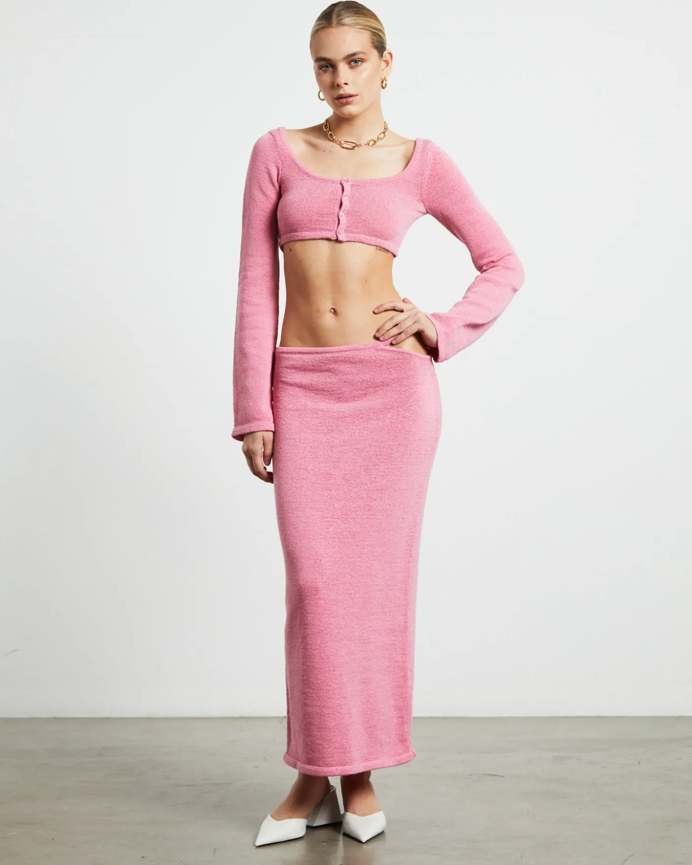 Mika Knit Fitted Long Sleeve Button Up Top in Strawberry Pink