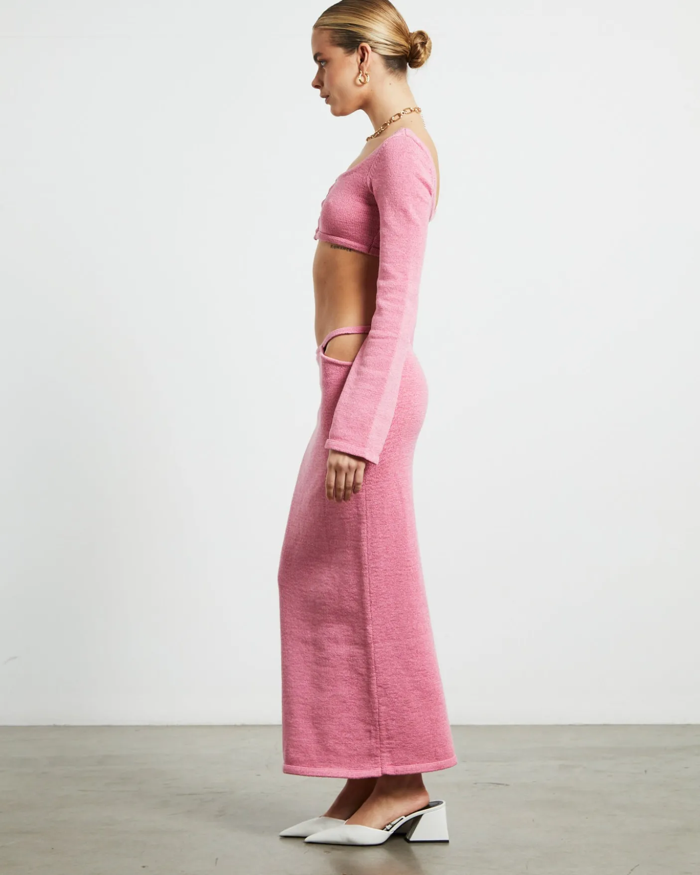 Mika Knit Fitted Long Sleeve Button Up Top in Strawberry Pink