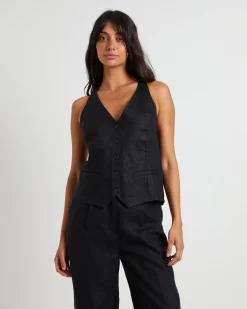 Naomi Linen Halter Vest in Black