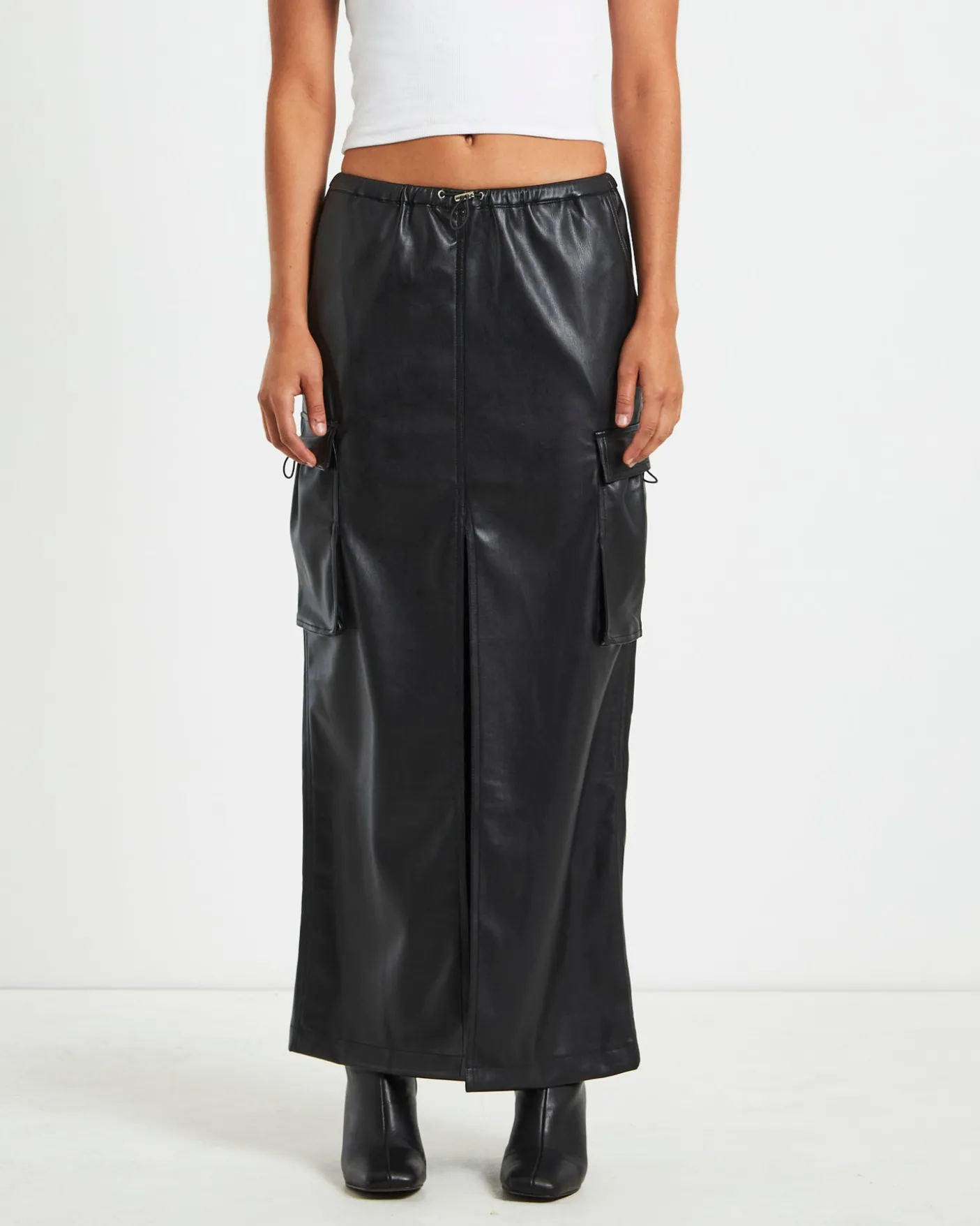 Phoebe Leather Look Cargo Skirt Black