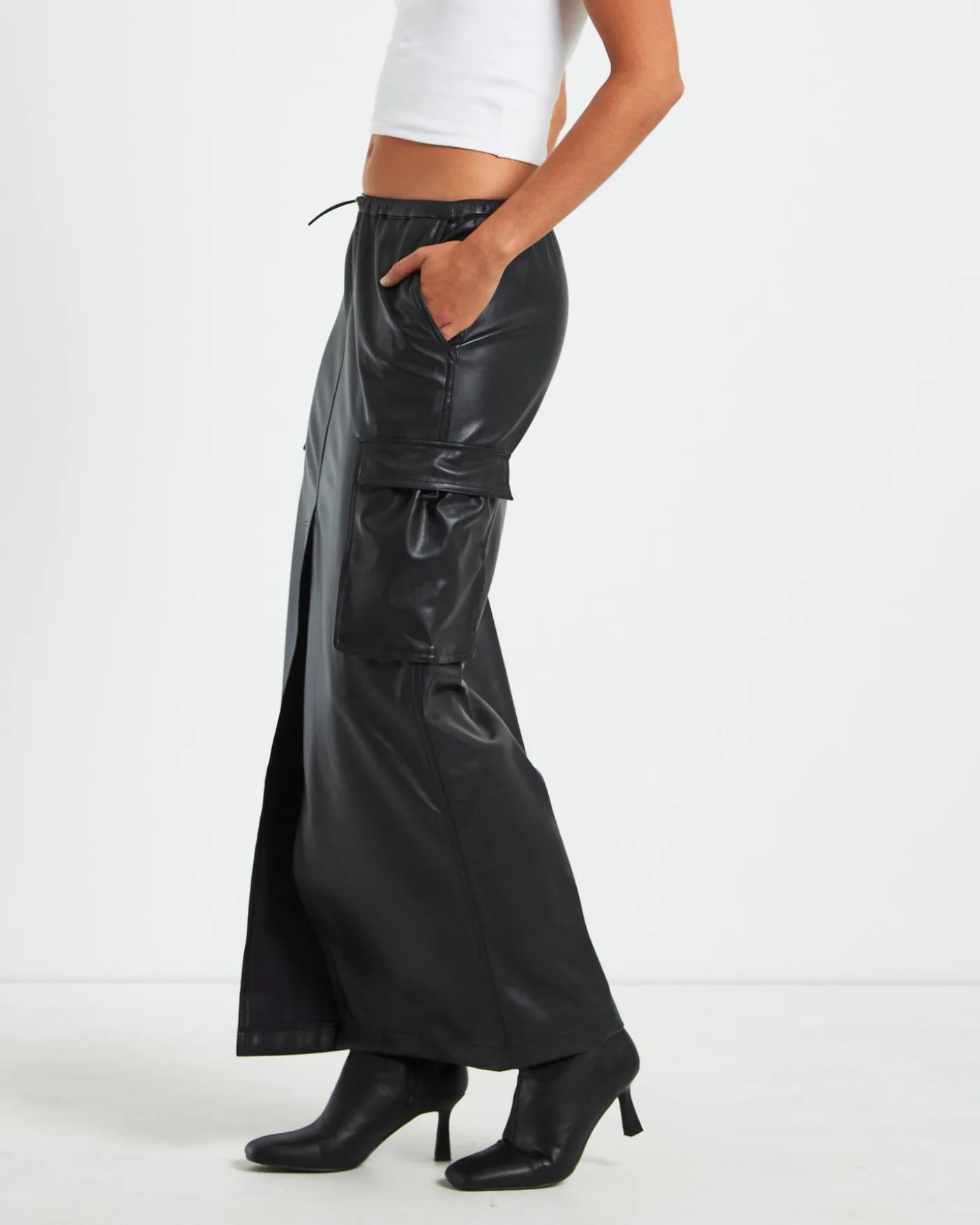 Phoebe Leather Look Cargo Skirt Black