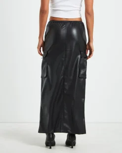 Phoebe Leather Look Cargo Skirt Black