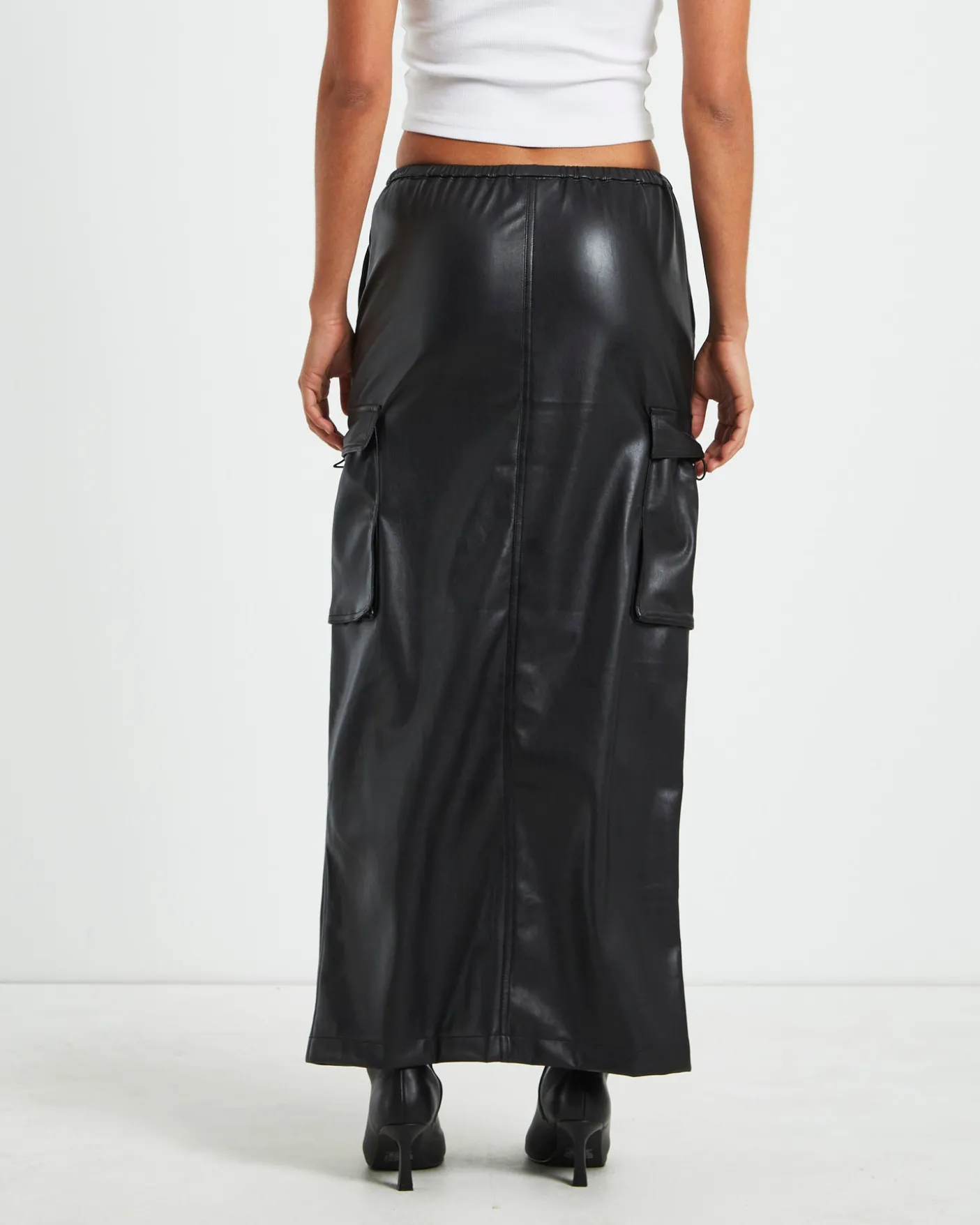 Phoebe Leather Look Cargo Skirt Black