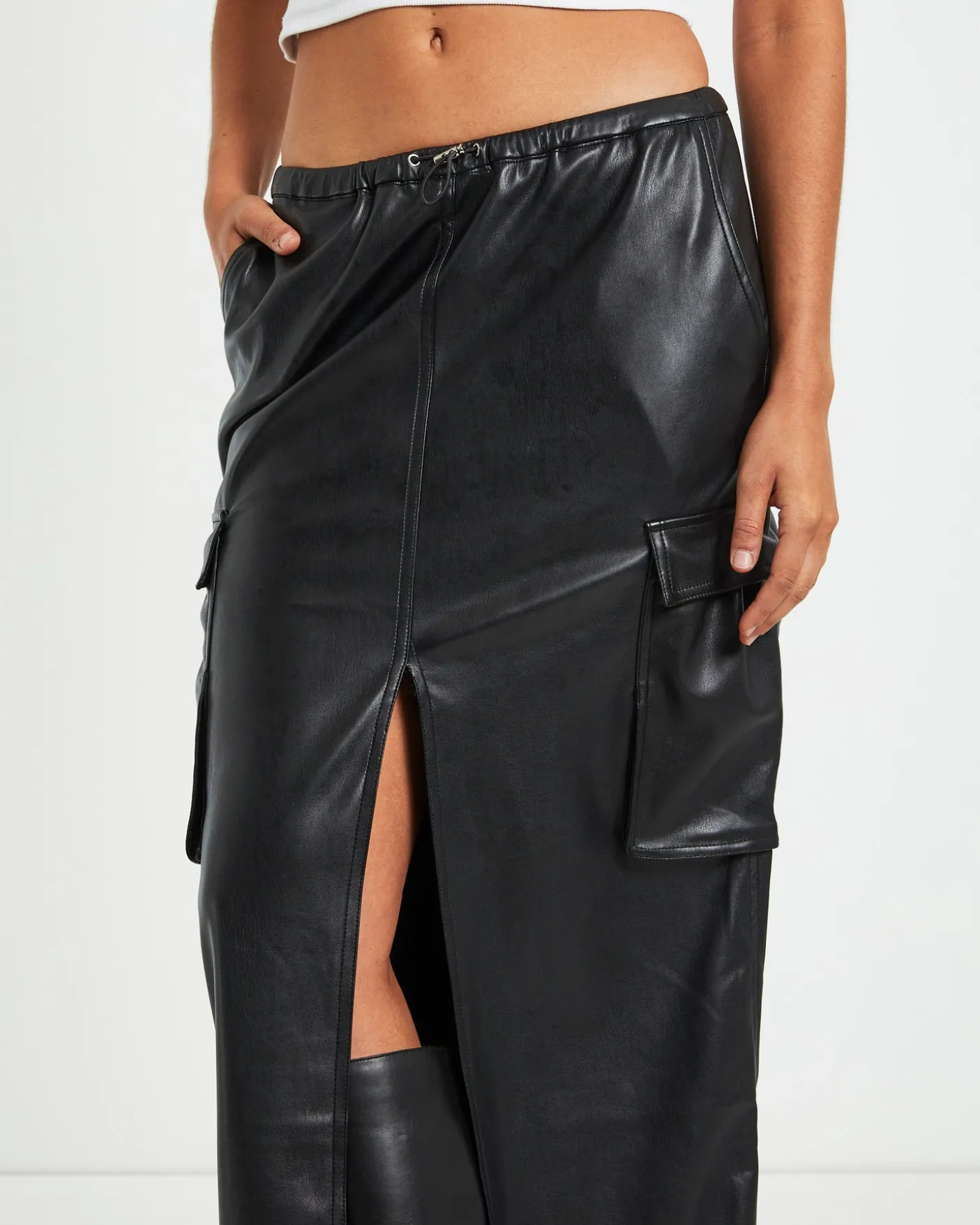 Phoebe Leather Look Cargo Skirt Black