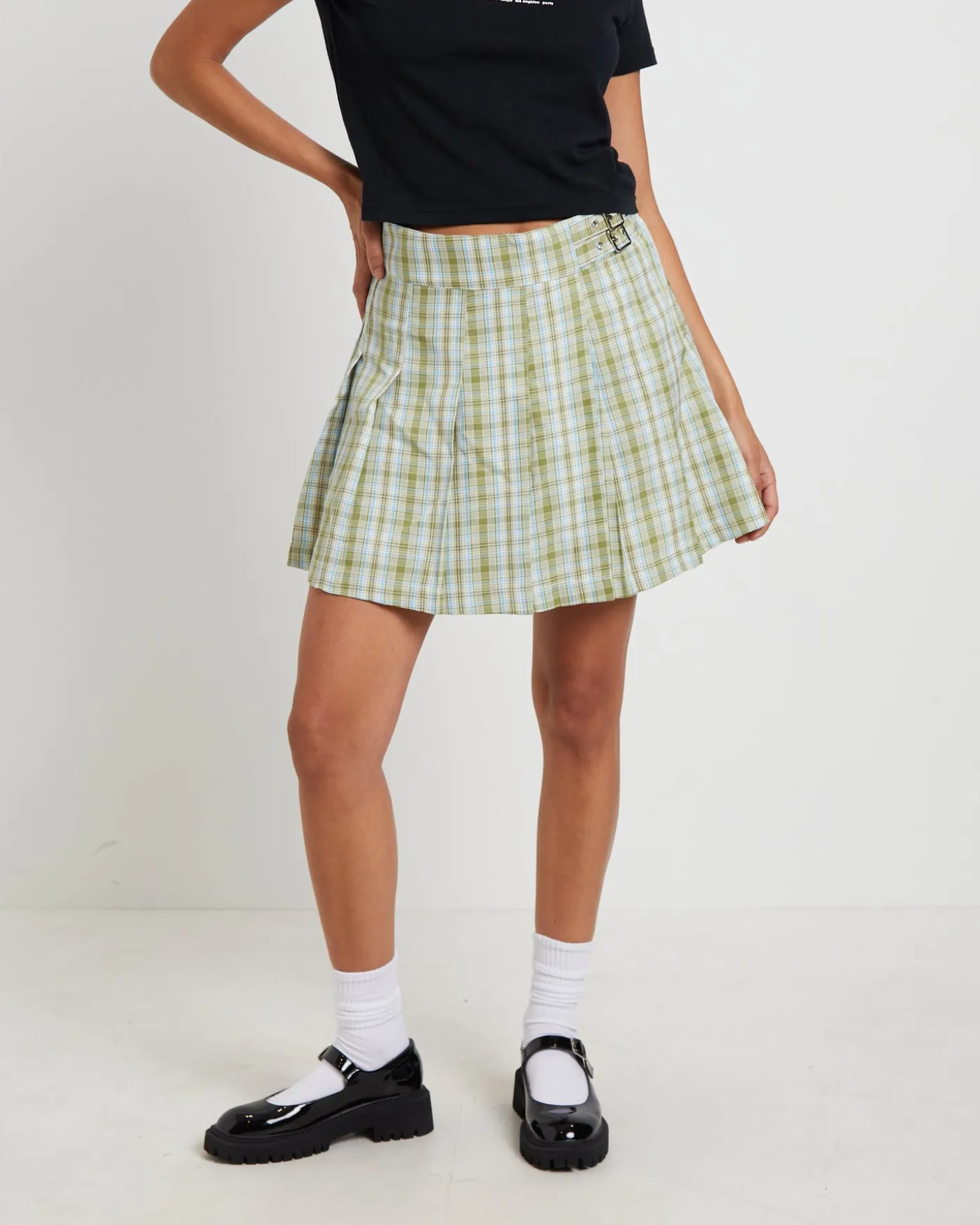 Plaid Pleated Skirt in Army Green
