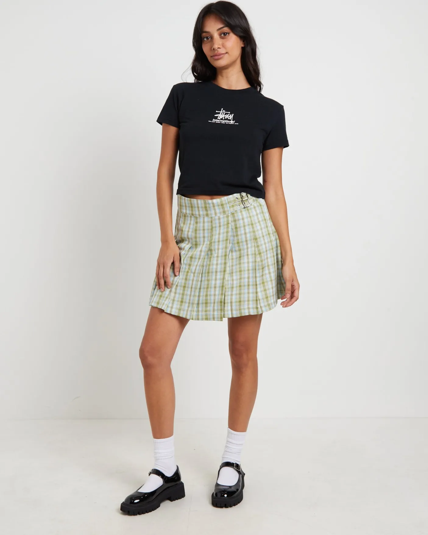 Plaid Pleated Skirt in Army Green