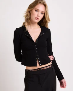 Rib Snap Front Long Sleeve Top