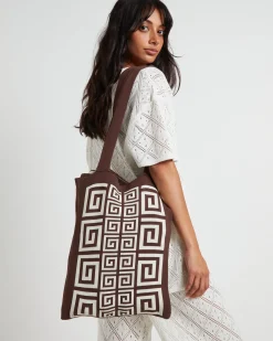 Riviera Border Jacquard Tote Bag in Chocolate Brown
