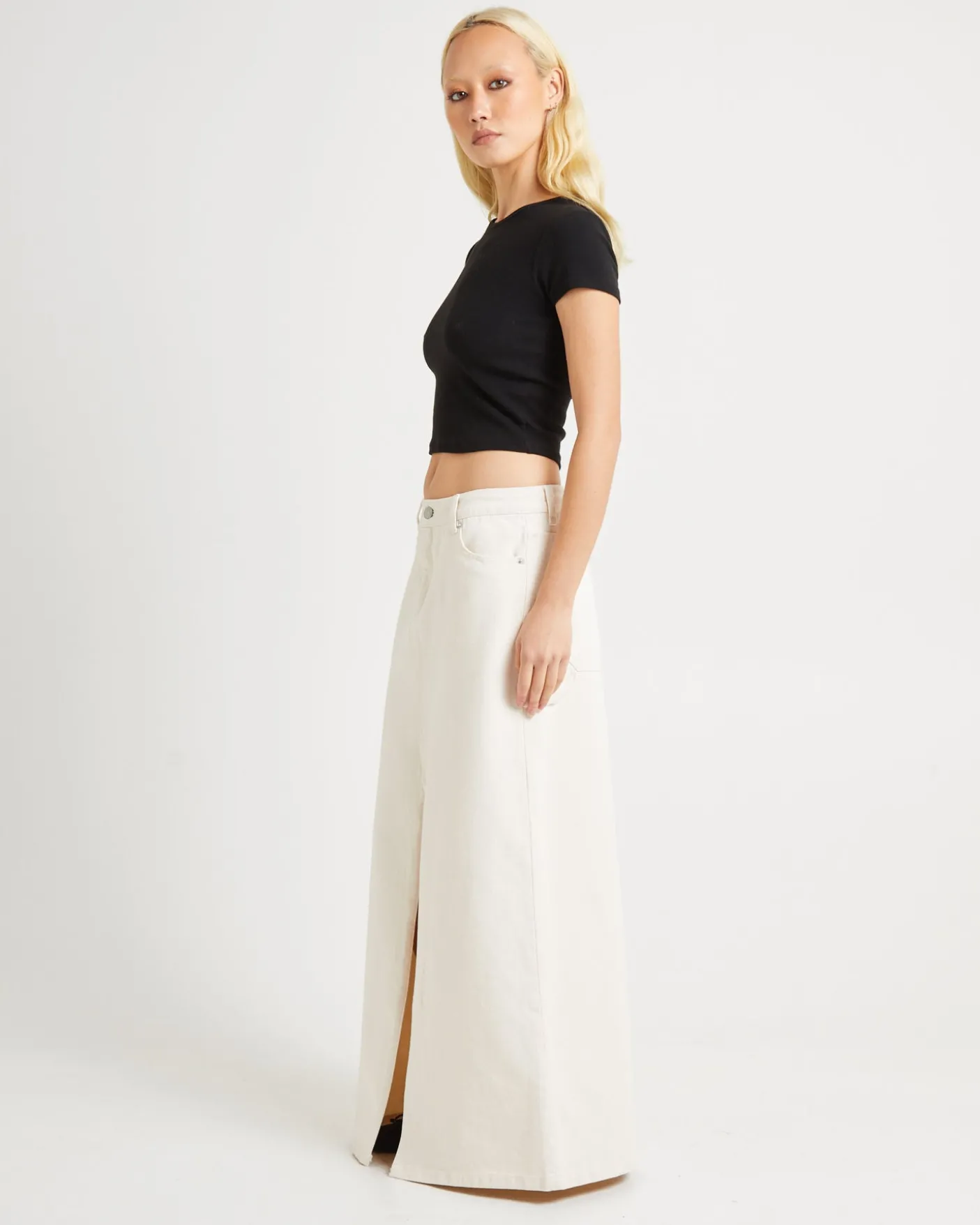 90s Mid Denim Maxi Skirt Unbleached