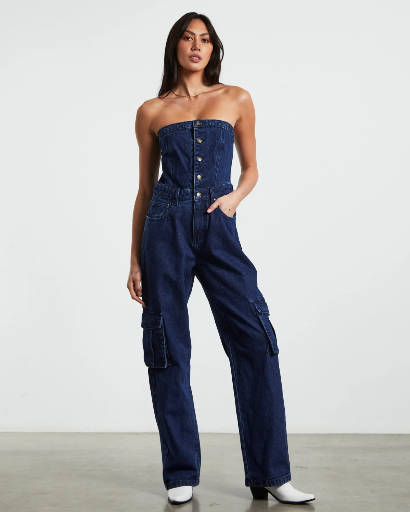Sabrine Strapless Denim Boiler Suit Ink Blue