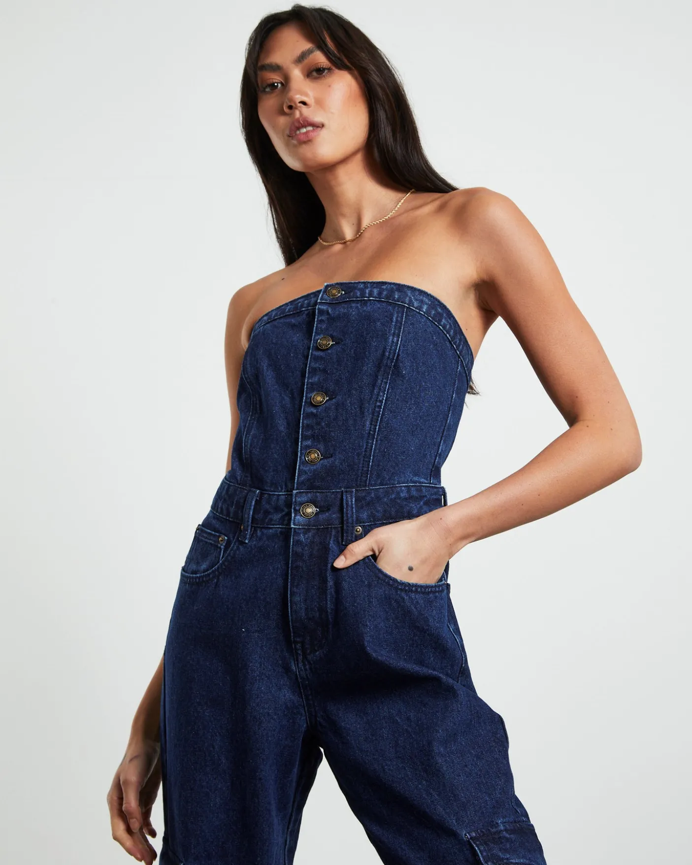 Sabrine Strapless Denim Boiler Suit Ink Blue