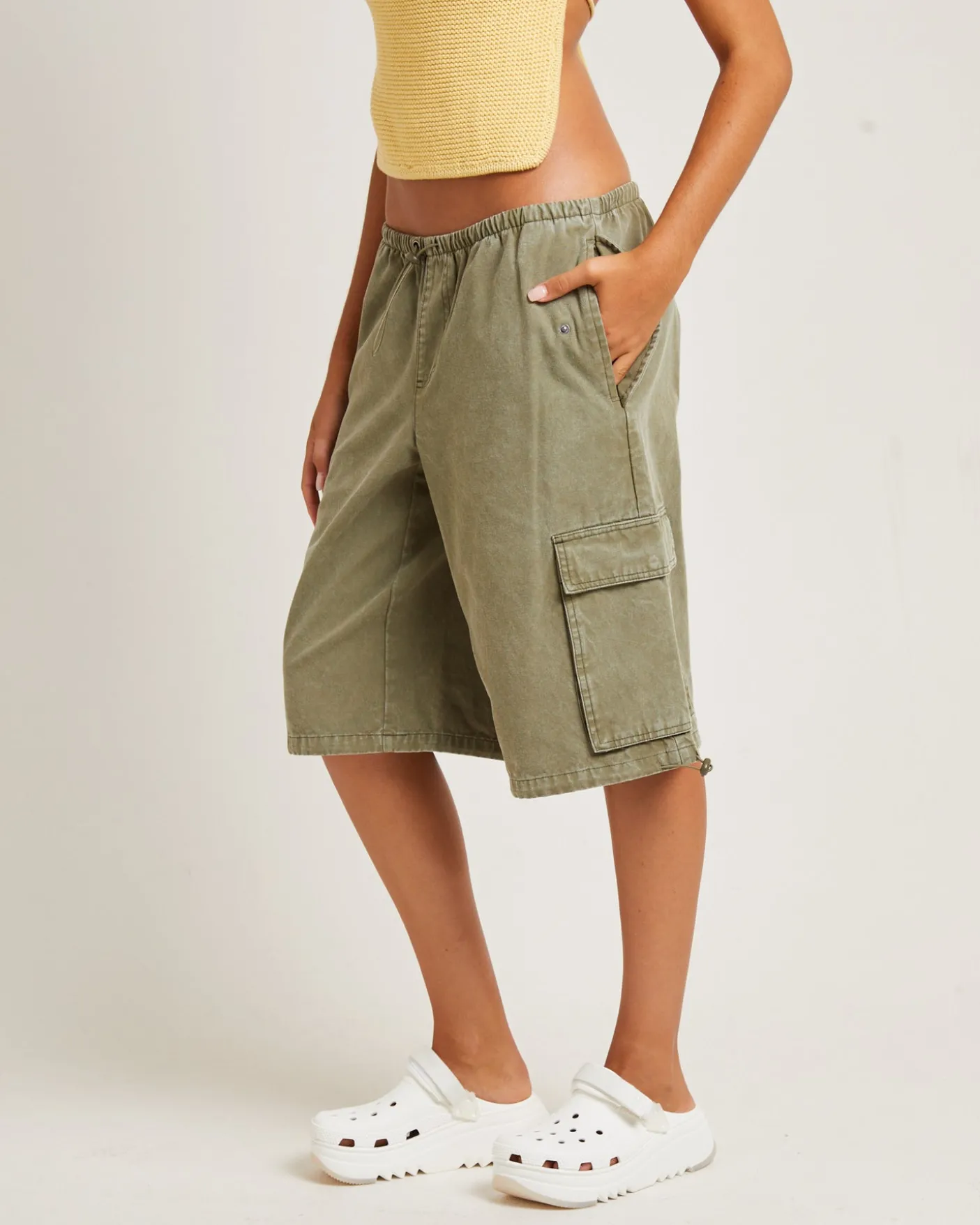 Shallows Cargo Jort Shorts in Khaki