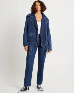 Signature Oversized Biker Denim Jacket Essential Rinse