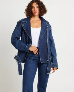 Signature Oversized Biker Denim Jacket Essential Rinse
