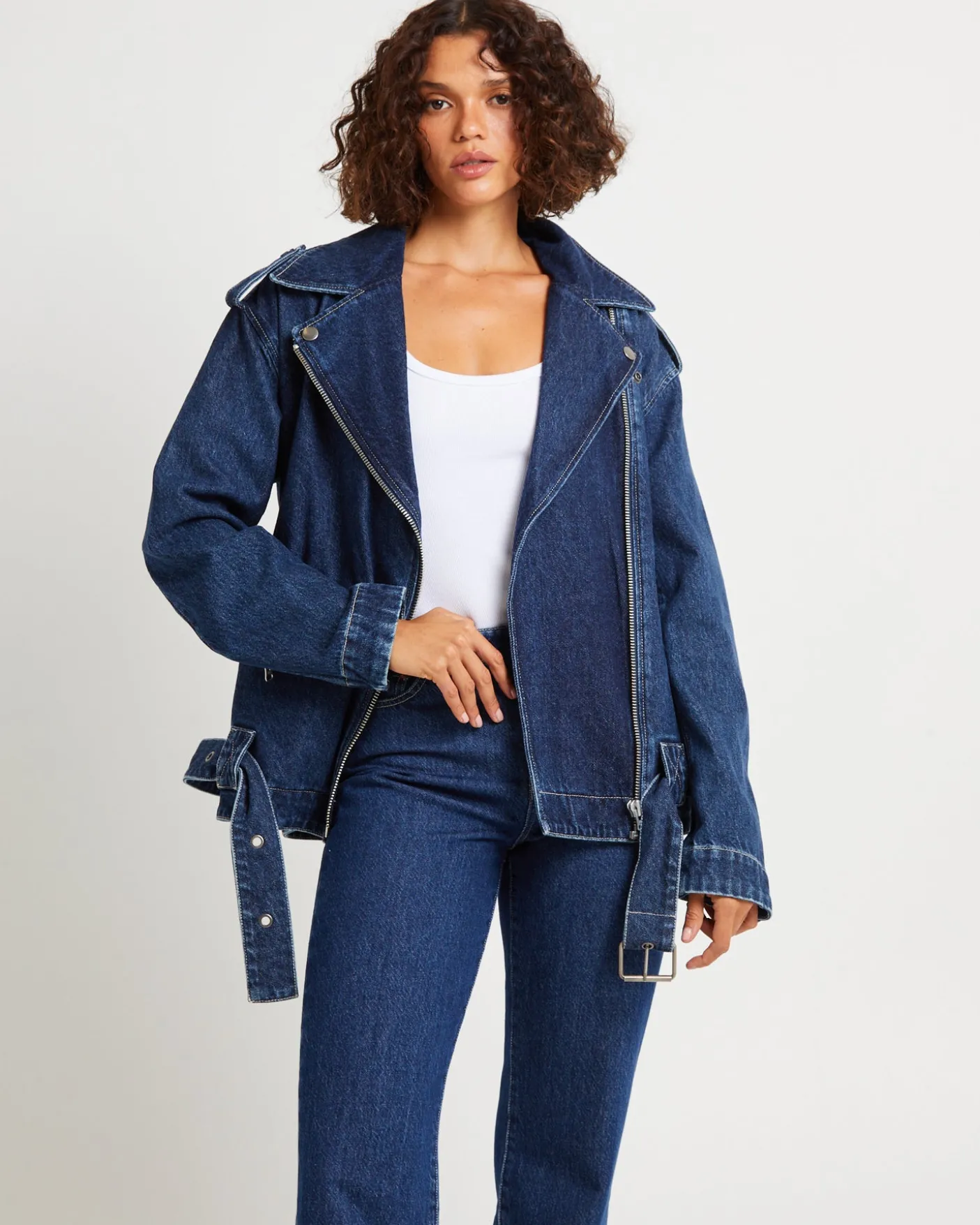 Signature Oversized Biker Denim Jacket Essential Rinse