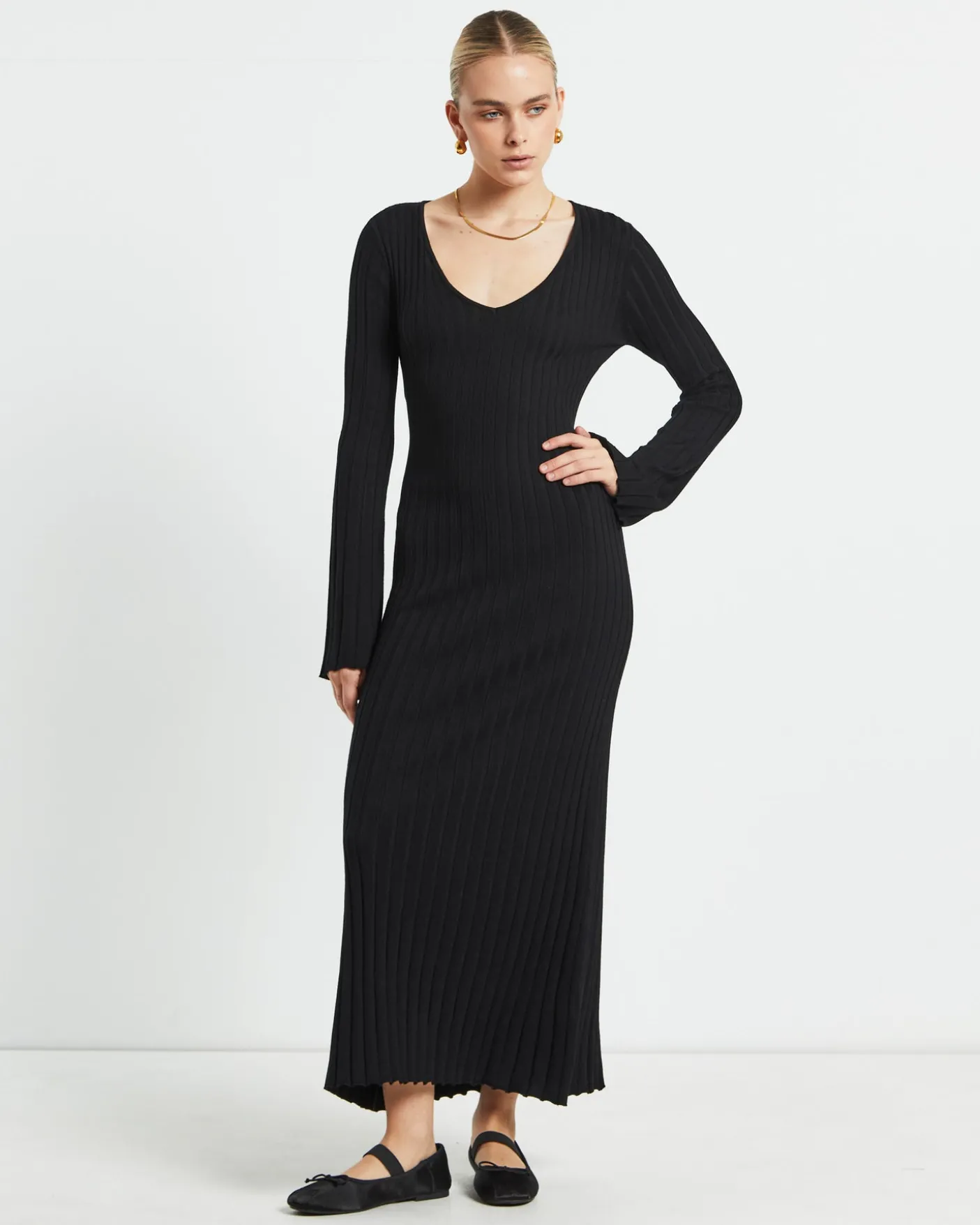 Sophie Long Sleeve Rib Knit Dress Black