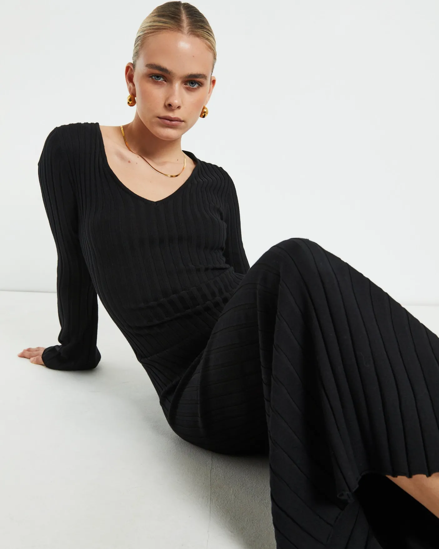 Sophie Long Sleeve Rib Knit Dress Black