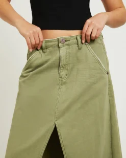 St Khaki Mrs Carter Long Denim Skirt in Green