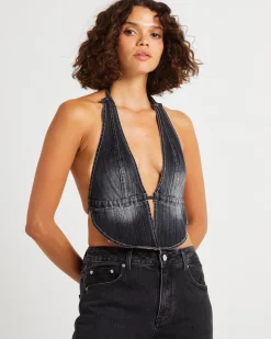 Trinity Denim Halter Top Charcoal Tint